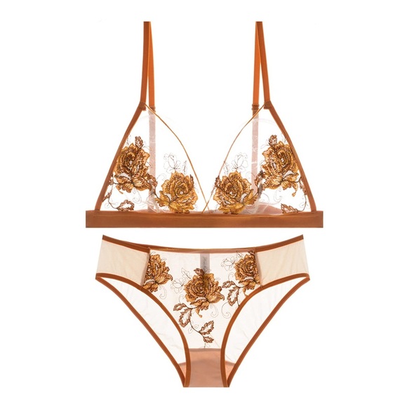 Rose Notturno Other - Sheer Floral Embroidered Bralette & Brief Set - Amber